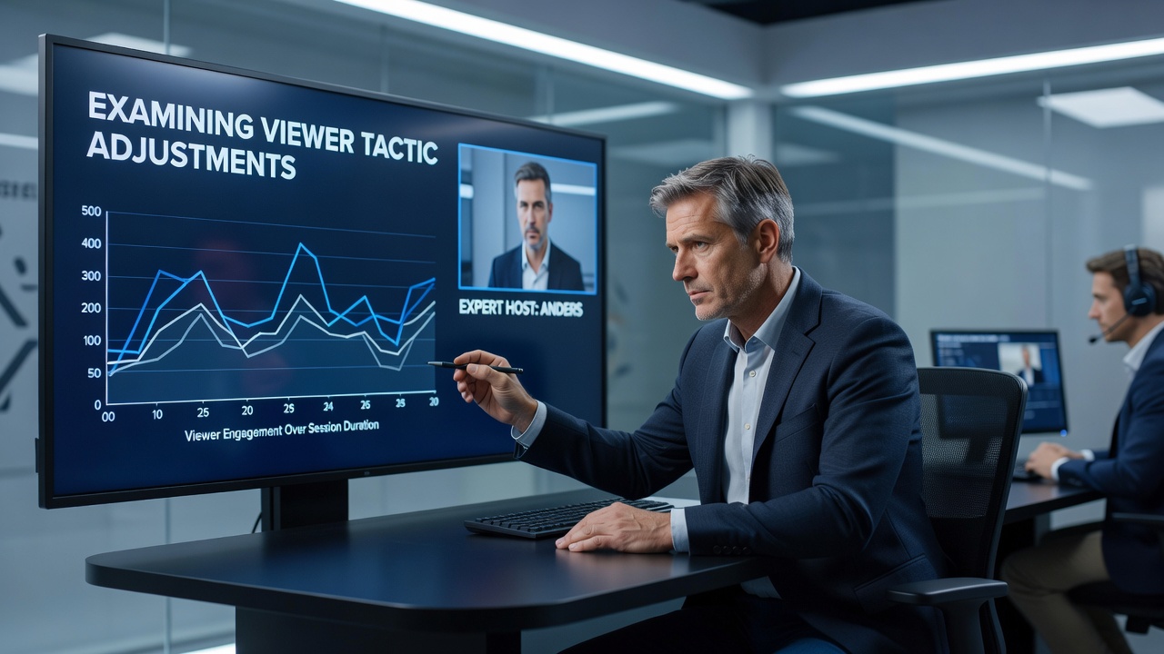 Close-up of broadcast interface displaying viewer statistics and host annotations during a live card game session